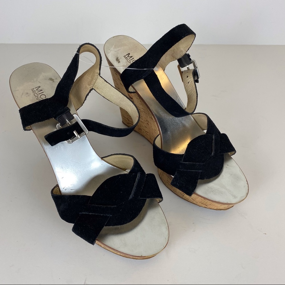 MICHAEL KORS Corkscrew Black Leather Wedges Sz 10